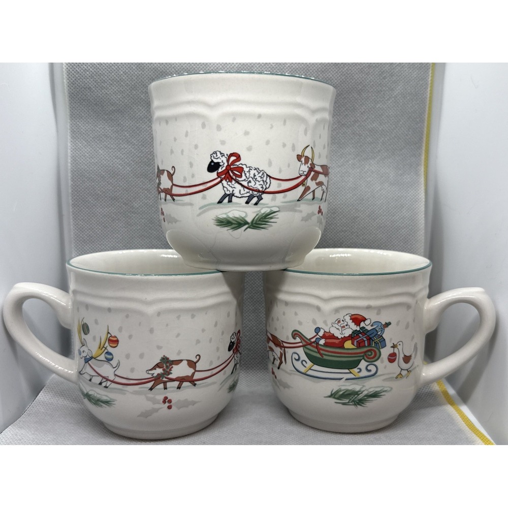1992 International China - Santa In Sleigh Pulled By Farm Animals -  3 Tea Cups